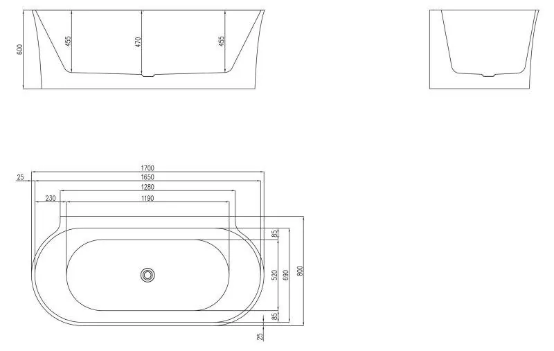 Габаритная схема Акриловая ванна BelBagno BB409-1700-800 170х80