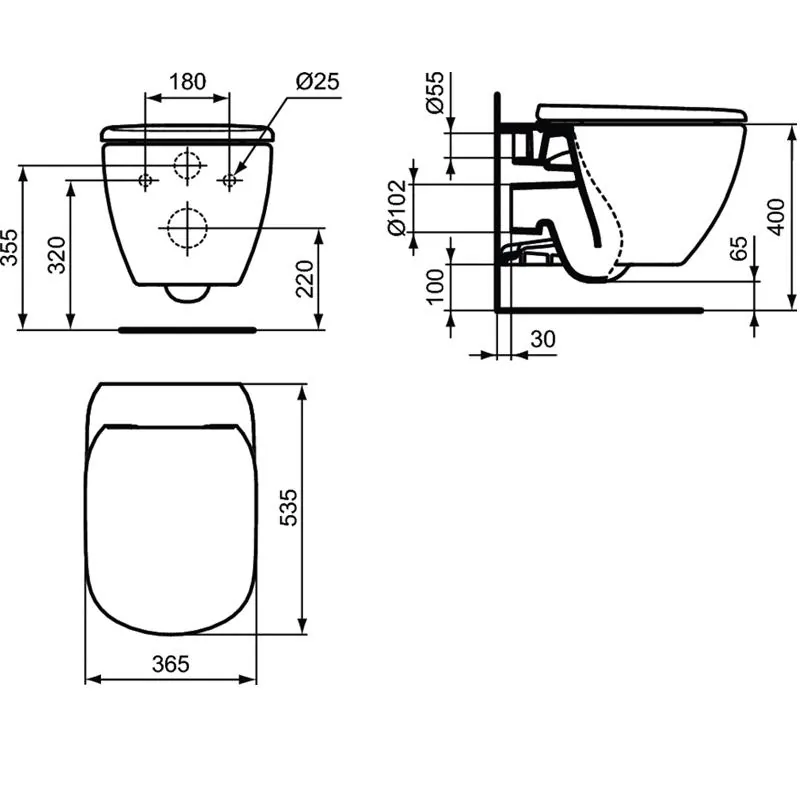Габаритная схема Унитаз подвесной Ideal Standard Tesi T355101