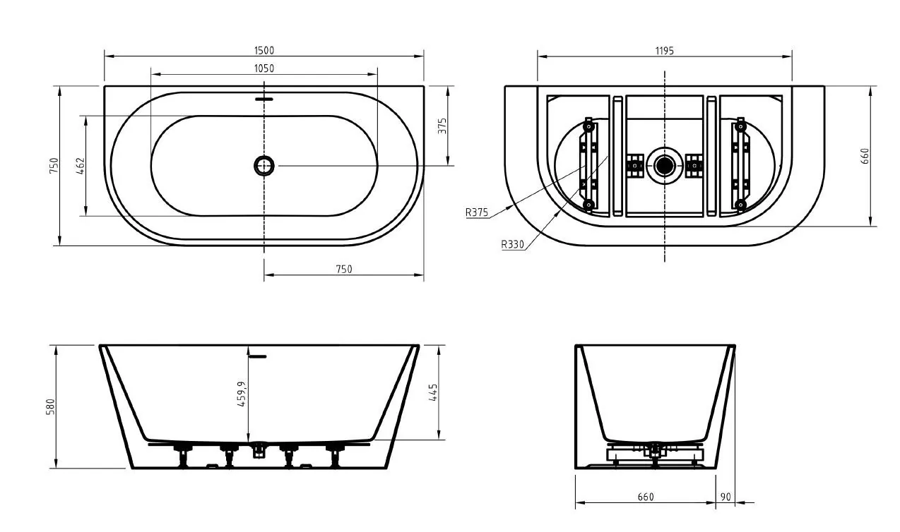 Габаритная схема Акриловая ванна BelBagno BB710-1500-750 150x75