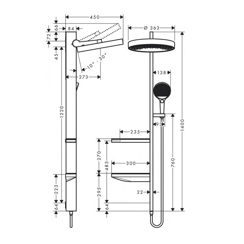 Габаритная схема Душевая стойка Hansgrohe Rainfinity 26842000