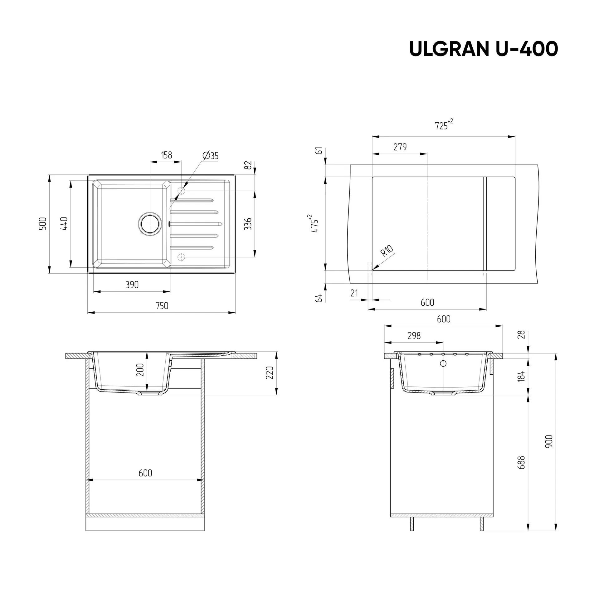 Габаритная схема Мойка кухонная Ulgran U-400-344 ультра-черный