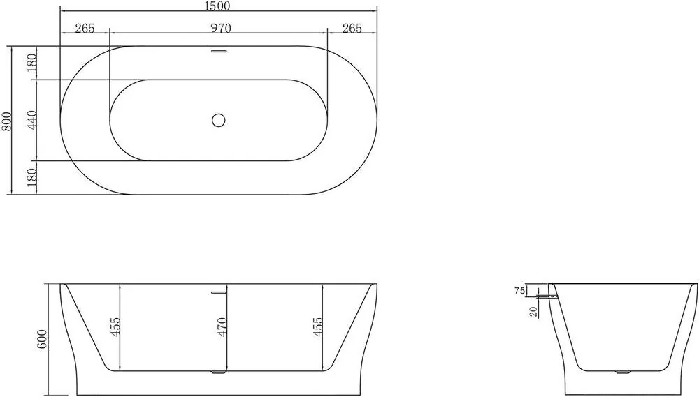Габаритная схема Акриловая ванна BelBagno BB405-1500-800 150х80