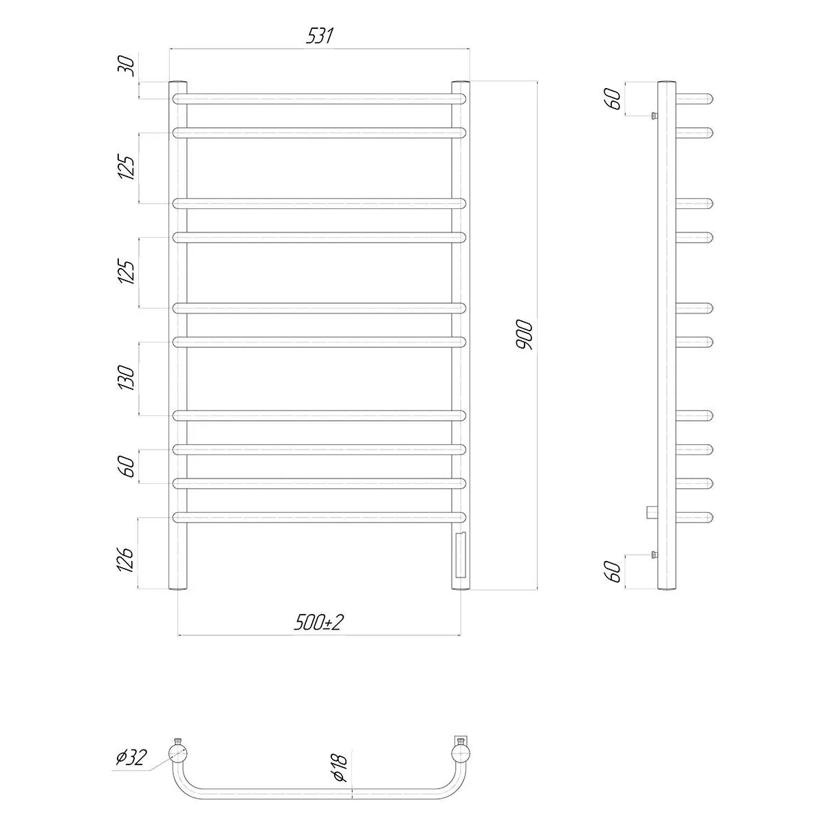 Габаритная схема Полотенцесушитель электрический Lemark Luna П10 50x90