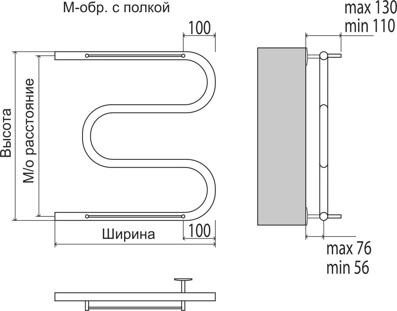 Габаритная схема Полотенцесушитель водяной Terminus Эконом М-образный 40х60 с полкой