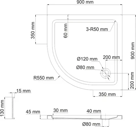 Габаритная схема Поддон для душа Wasserkraft Isen 26T01 90x90 см