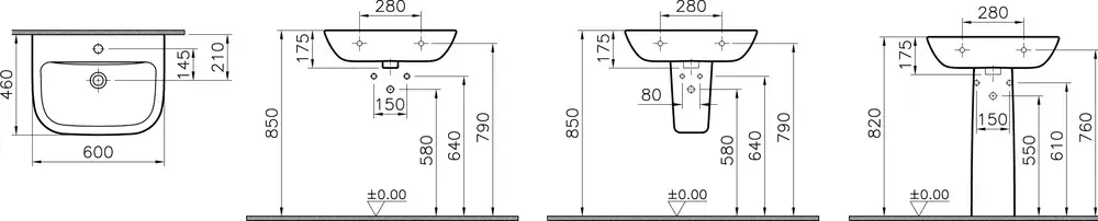Габаритная схема Раковина Vitra S20 5503B003-0001 60 см