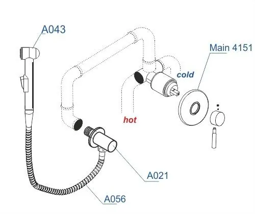 Габаритная схема Гигиенический душ Wasserkraft Main A14156 со смесителем, с внутренней частью