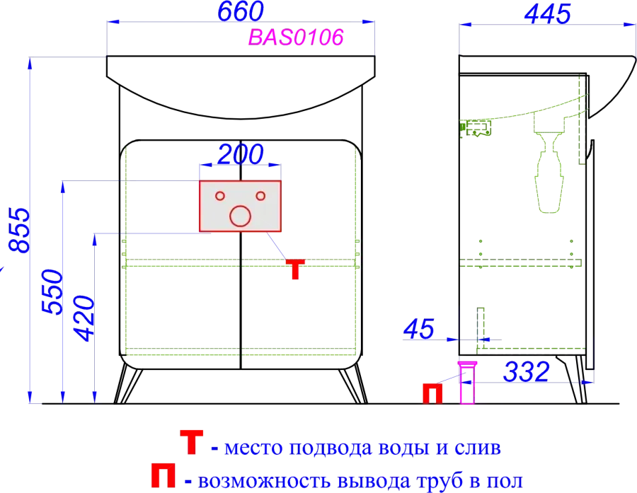 Габаритная схема Тумба с раковиной Aqwella Basic 65 дуб золотой