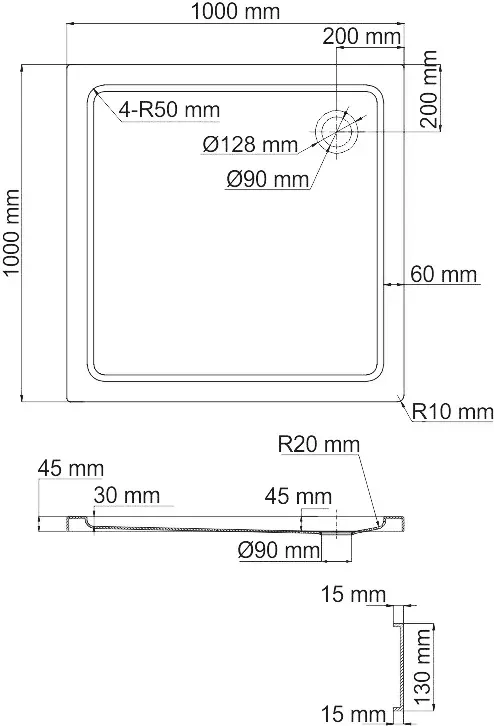 Габаритная схема Поддон для душа Wasserkraft Amper 29T19 100x100 см