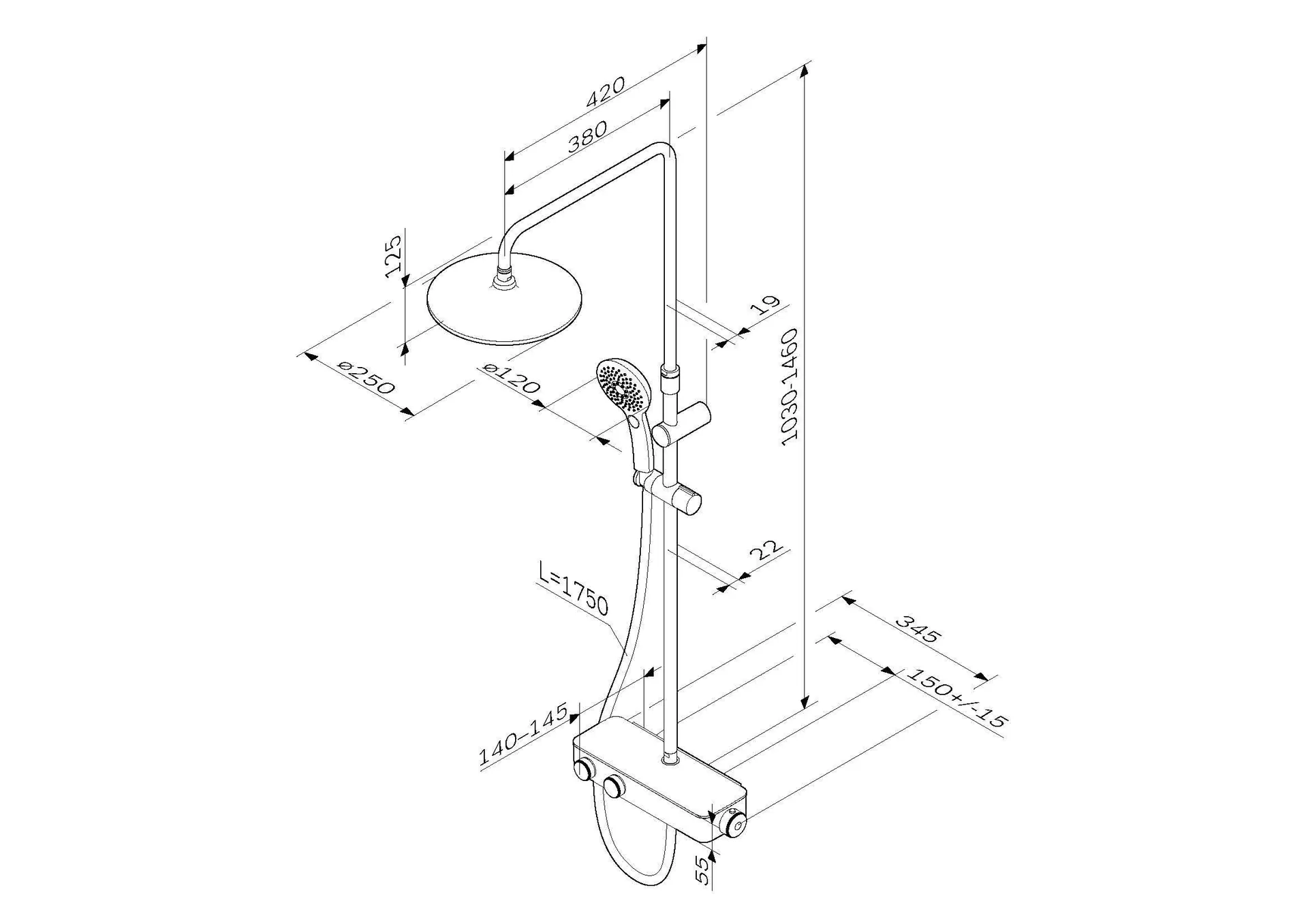 Габаритная схема Душевая стойка AM.PM Inspire 2.0 F0750A400