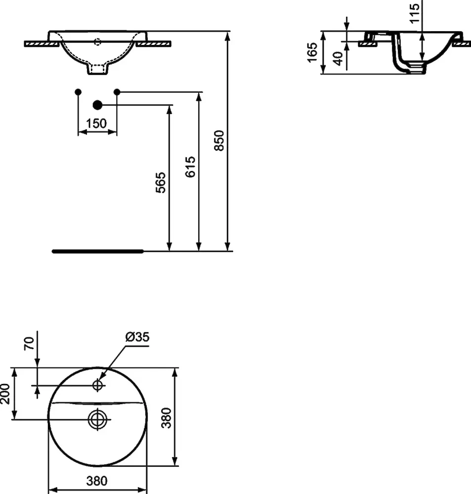 Габаритная схема Раковина Ideal Standard Connect E504101 35 см