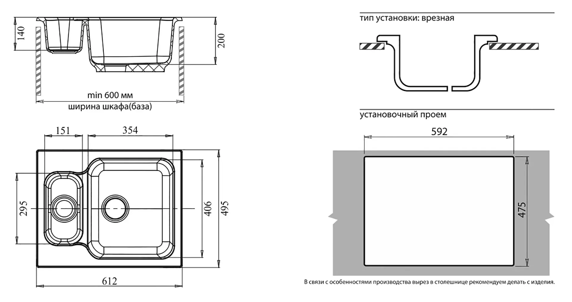 Габаритная схема Мойка кухонная GranFest Standart 61x50 терракот