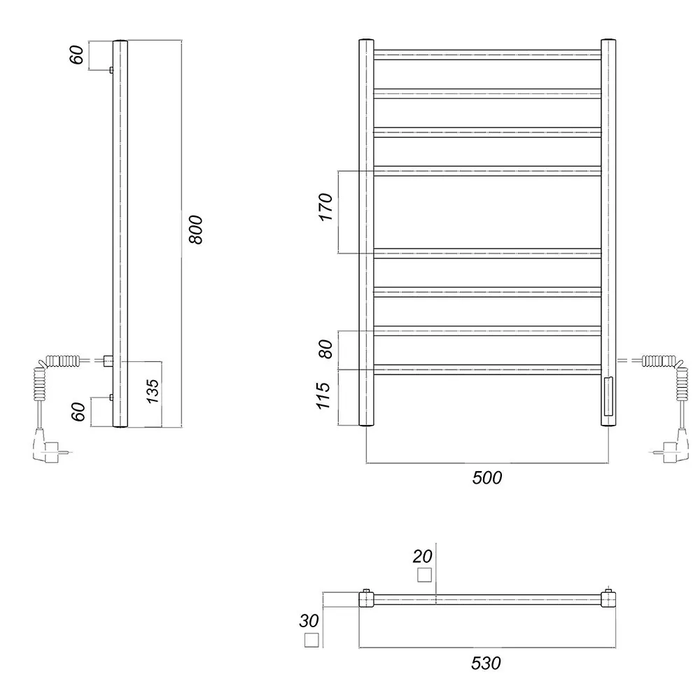 Габаритная схема Полотенцесушитель электрический Domoterm Квадро П8 50x80 R