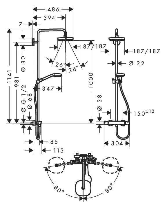 Габаритная схема Душевая стойка Hansgrohe Croma Select E 27256400