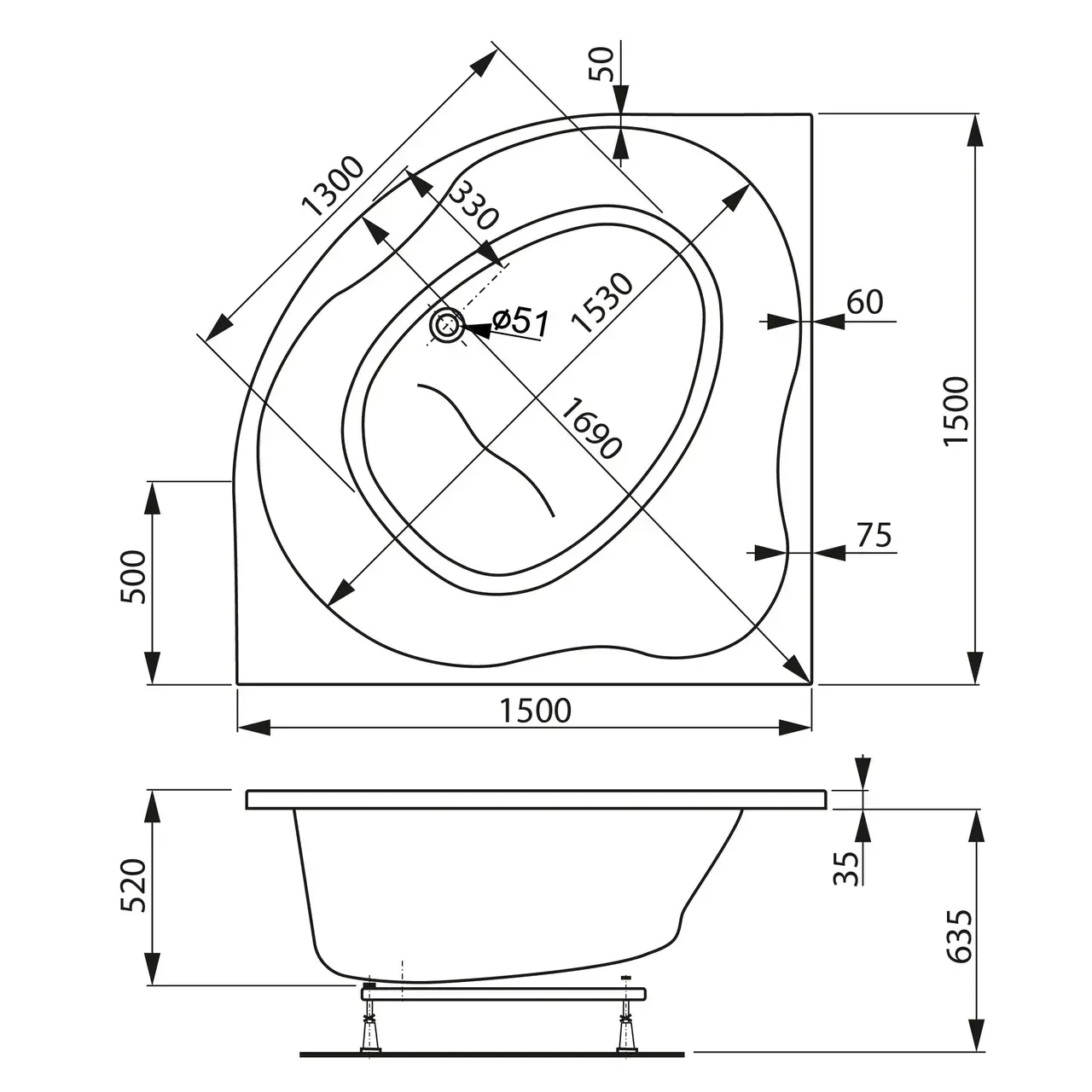 Габаритная схема Акриловая ванна Vagnerplast Plejada 150x150