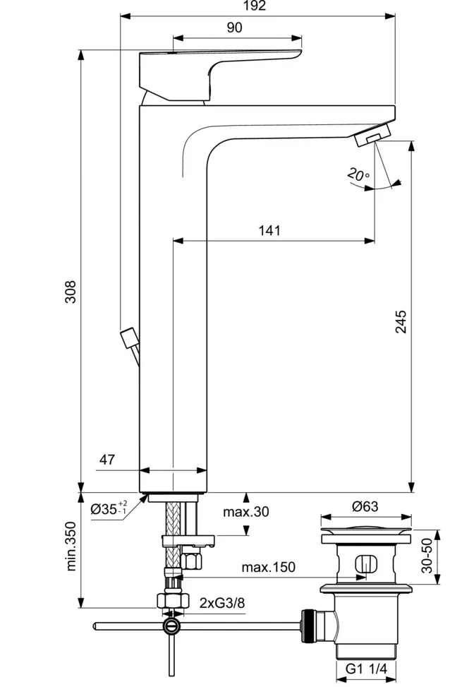 Габаритная схема Смеситель Ideal Standard Ceraplan III BC561AA для раковины