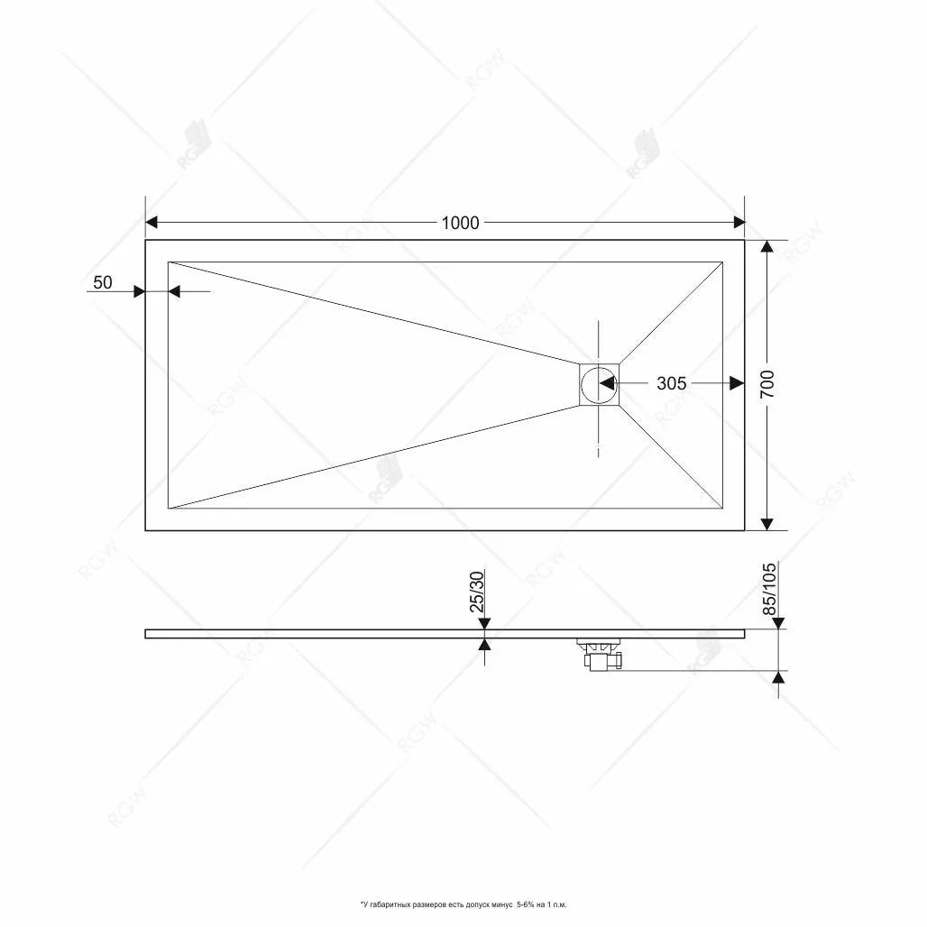 Габаритная схема Поддон для душа RGW Stone Tray ST-W 100х70