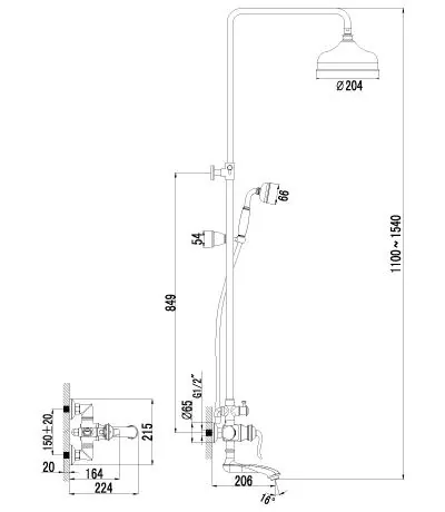 Габаритная схема Душевая стойка Lemark Brava LM4762G