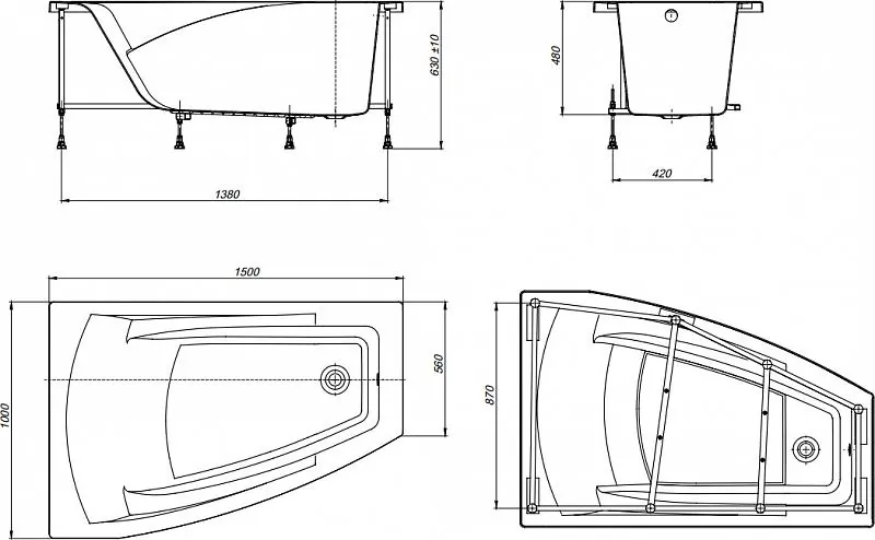 Габаритная схема Акриловая ванна Roca Hall Angular 150x100 L