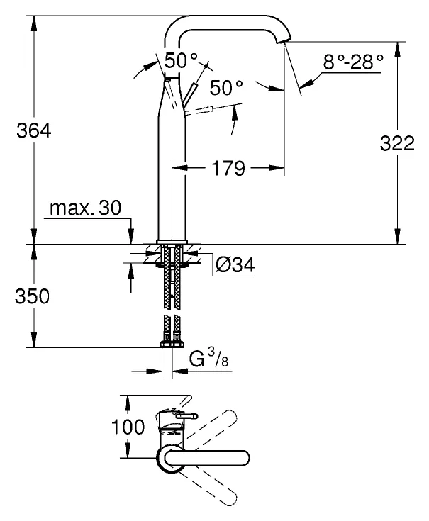 Габаритная схема Смеситель Grohe Essence New 32901001 для раковины