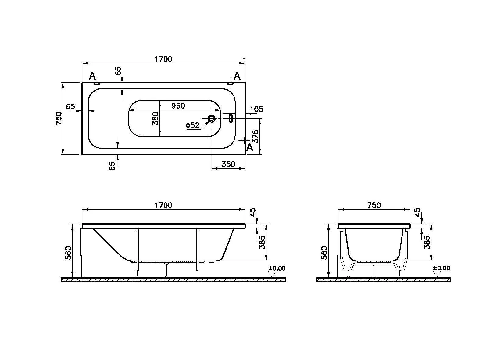 Габаритная схема Акриловая ванна Vitra Optimum Neo 170x75