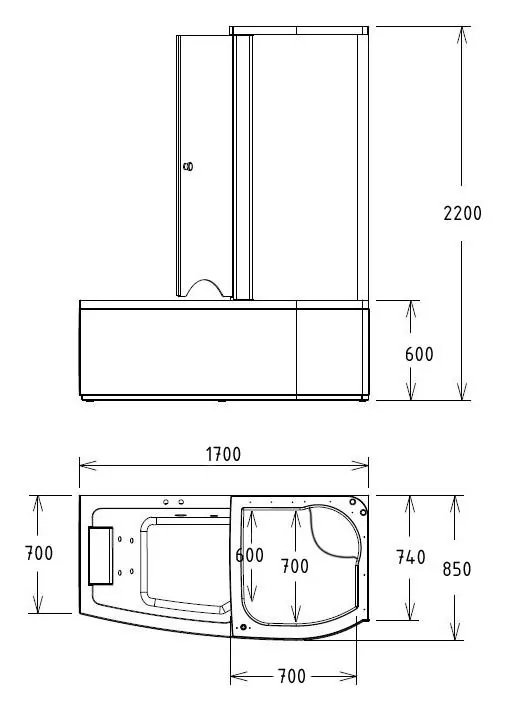 Габаритная схема Акриловая ванна Gemy G8040 B R 170х85