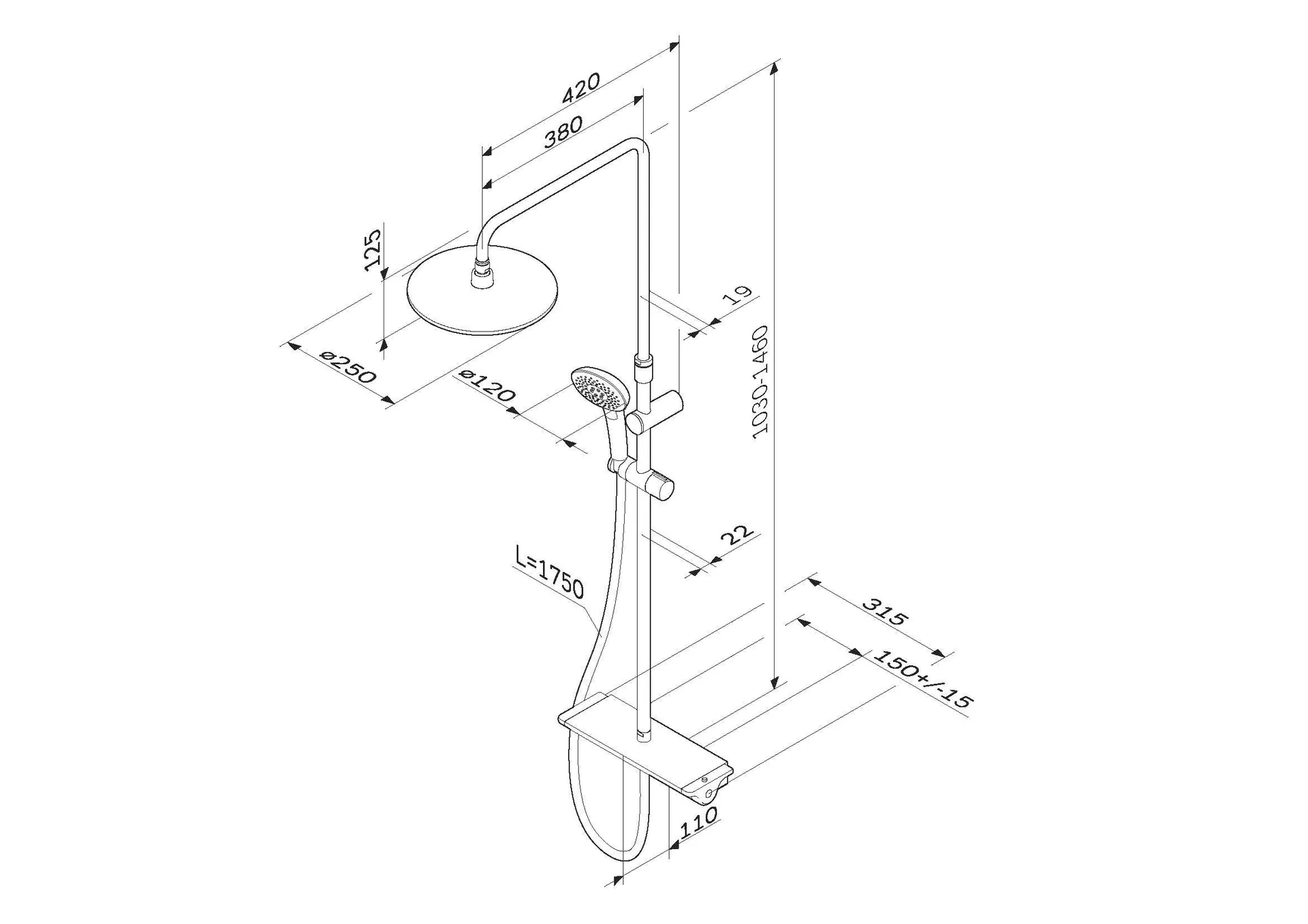 Габаритная схема Душевая стойка AM.PM Spirit 2.0 F0770A400