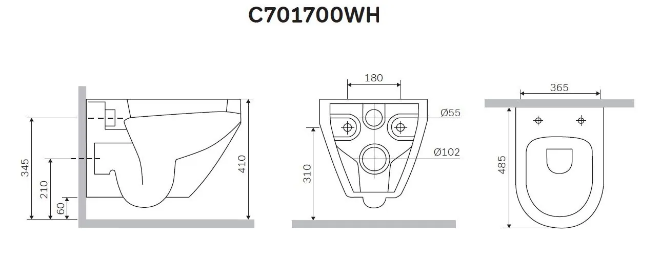 Габаритная схема Унитаз подвесной AM.PM Spirit 2.0 C701700WH безободковый