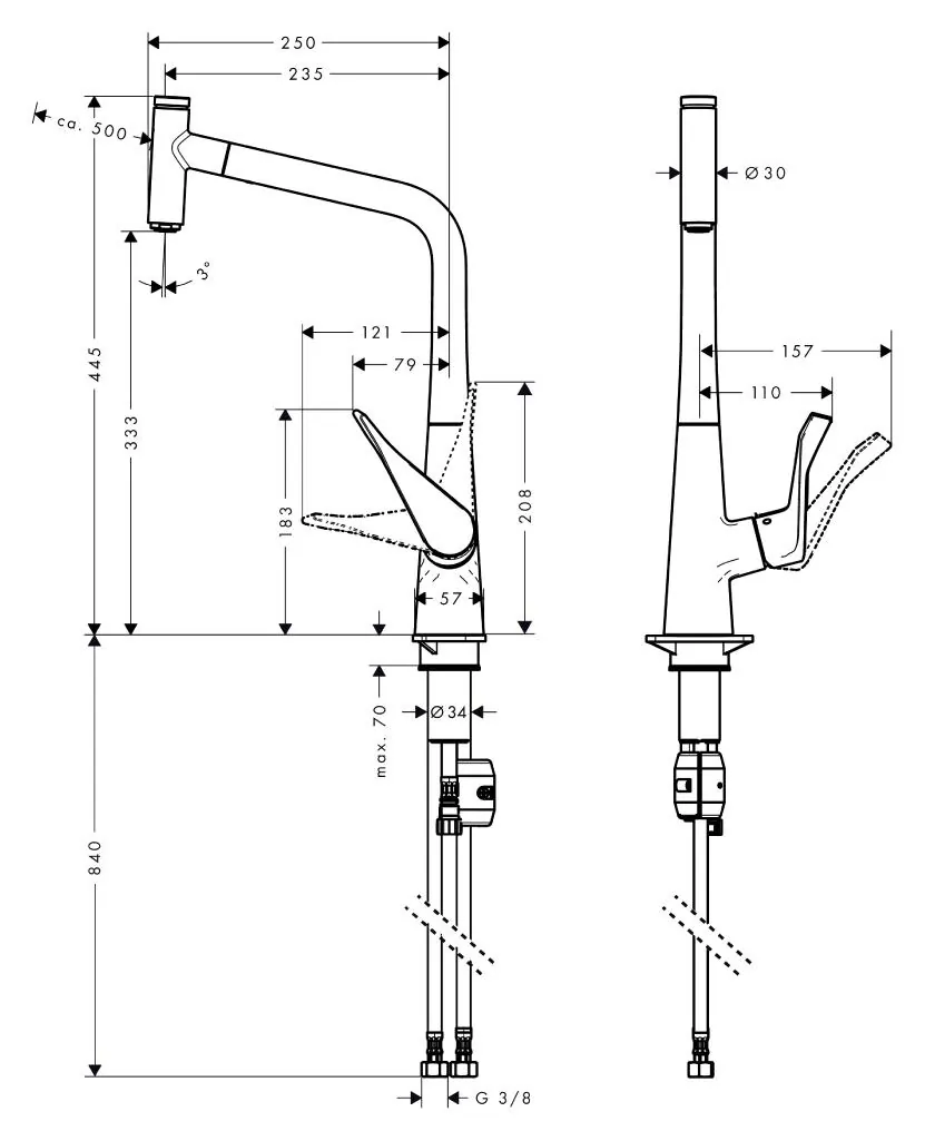 Габаритная схема Смеситель Hansgrohe Metris Select 14884000 для кухонной мойки