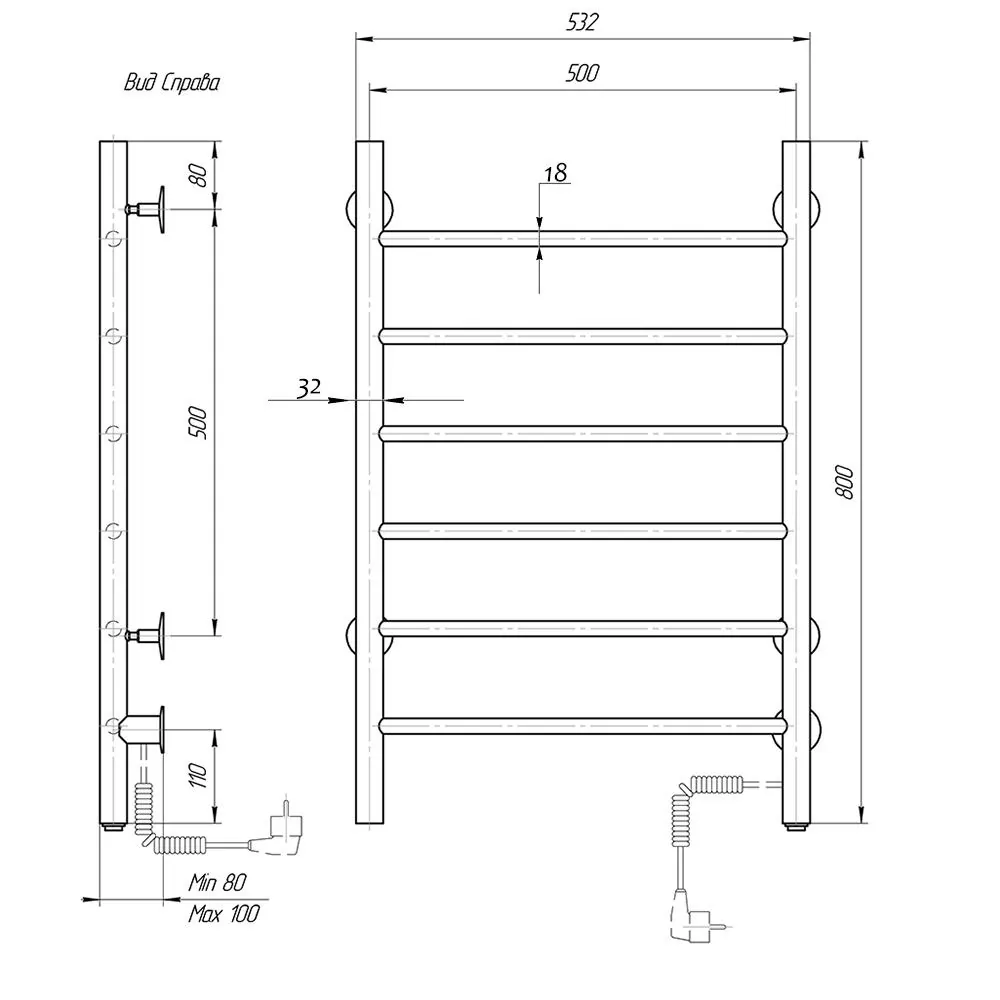 Габаритная схема Полотенцесушитель электрический Domoterm Классик 50x80 R
