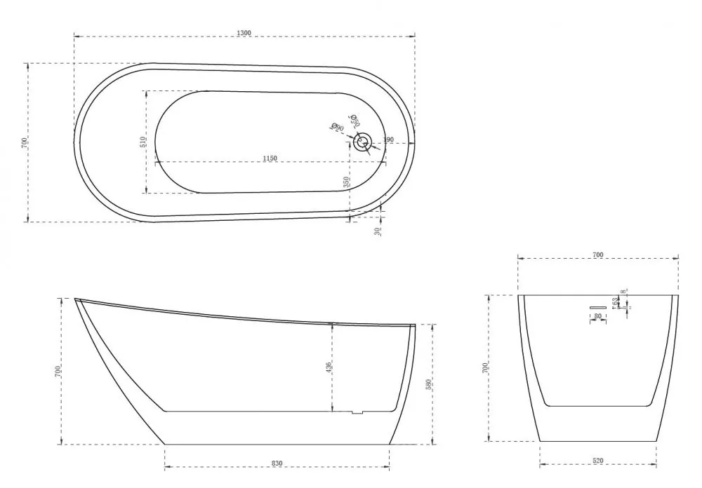 Габаритная схема Акриловая ванна Abber AB9353-1.3 130x70