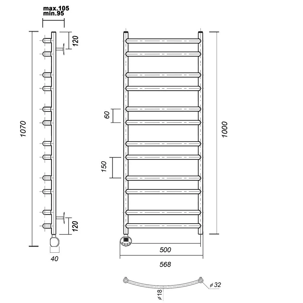 Габаритная схема Полотенцесушитель электрический Domoterm Калипсо 50x100 L