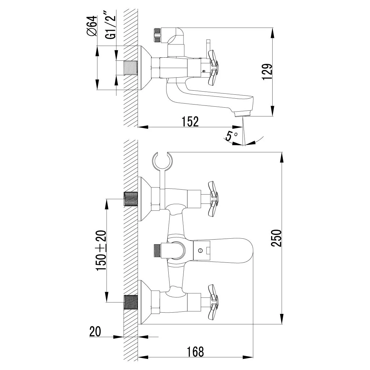 Габаритная схема Смеситель Lemark Partner LM6542C для ванны с душем