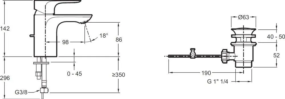 Габаритная схема Смеситель Jacob Delafon Aleo E72275-4-CP для раковины