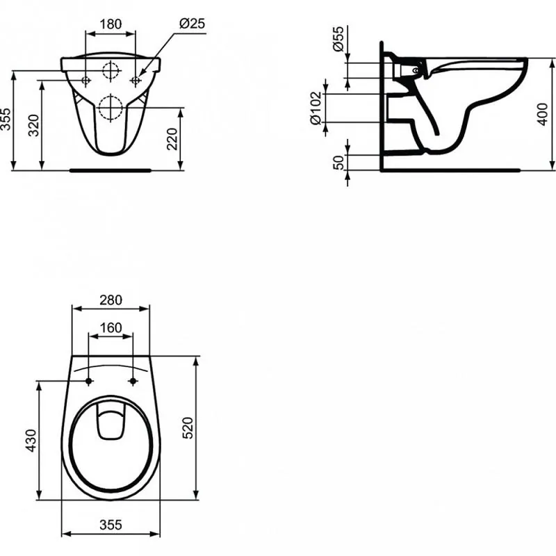 Габаритная схема Комплект Ideal Standard Eurovit W660101 (подвесной унитаз + инсталляция + сиденье)