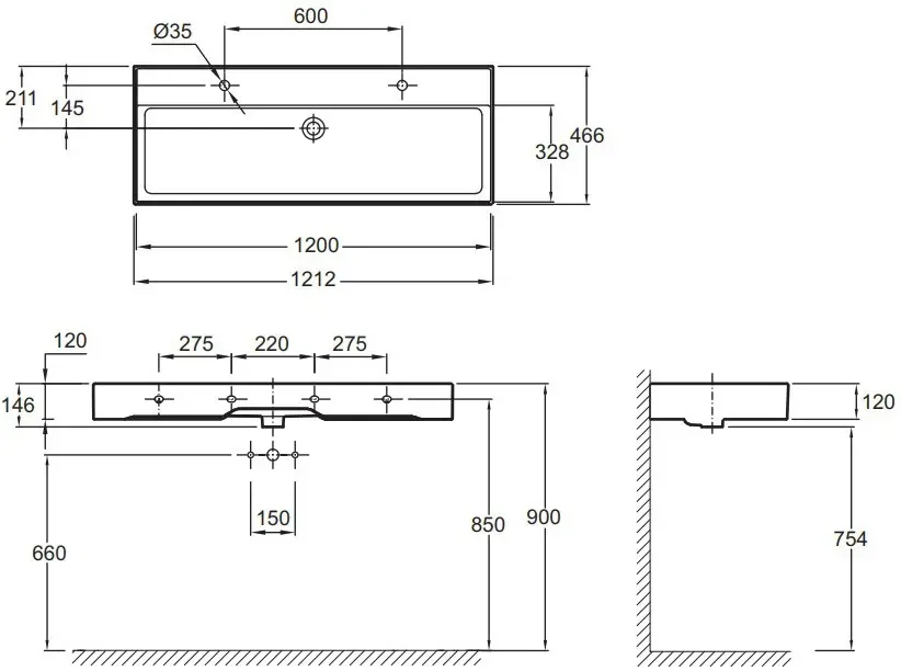 Габаритная схема Раковина Jacob Delafon Vivienne EXBK112-00 120 см