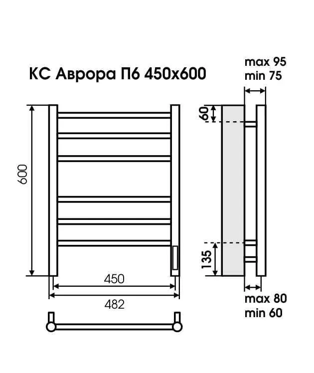 Габаритная схема Полотенцесушитель электрический Terminus Аврора П6 45х60 белый
