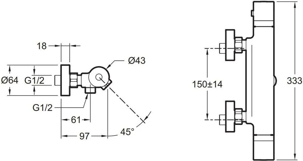Габаритная схема Термостат Jacob Delafon Rivoli E24325-CP для ванны с душем