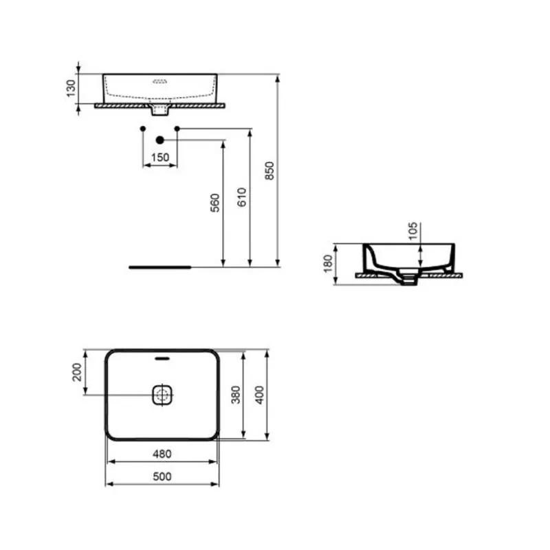Габаритная схема Раковина Ideal Standard Strada II T296501 50 см