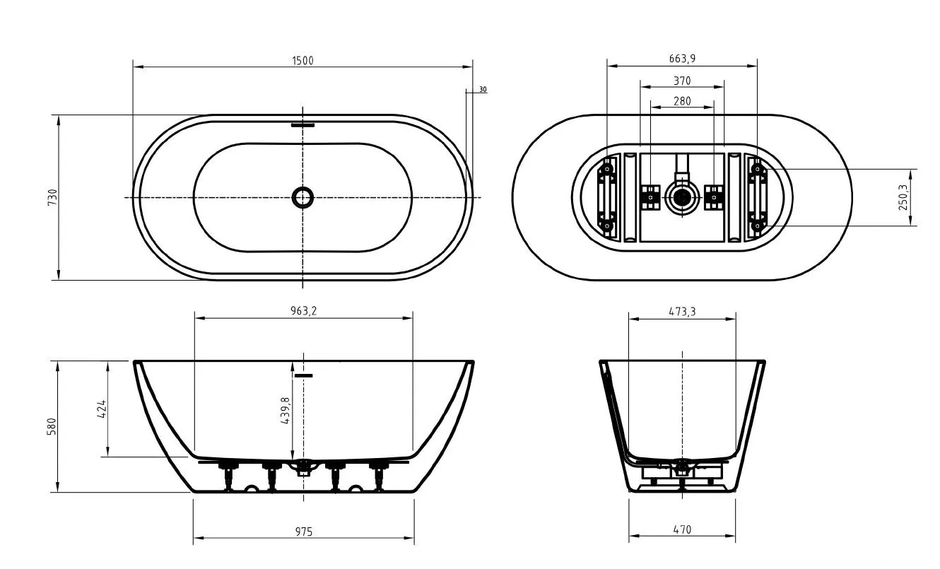 Габаритная схема Акриловая ванна BelBagno Uno BB701-1500-730-K 150x70