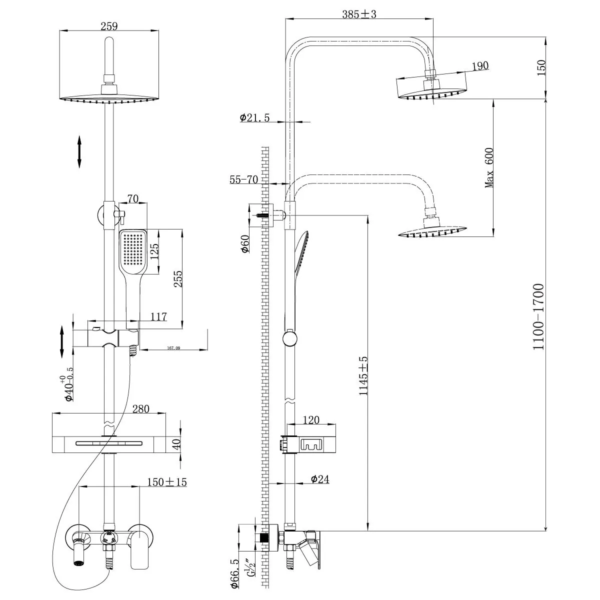 Габаритная схема Душевая стойка Lemark Tropic LM7002С