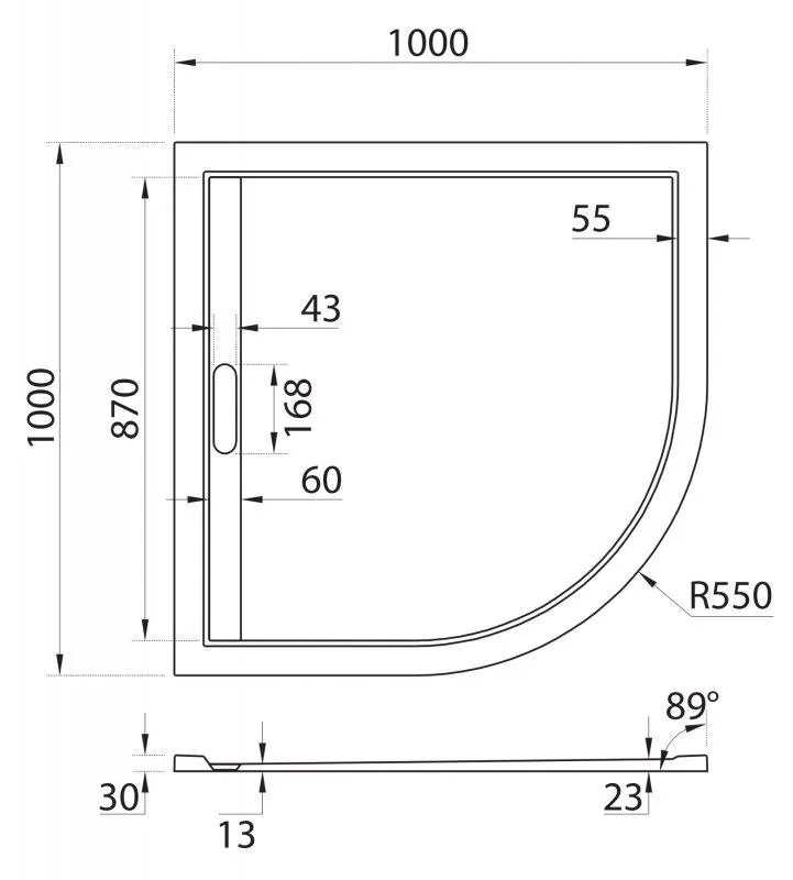 Габаритная схема Поддон для душа Cezares TRAY-AS-R-100-30-W