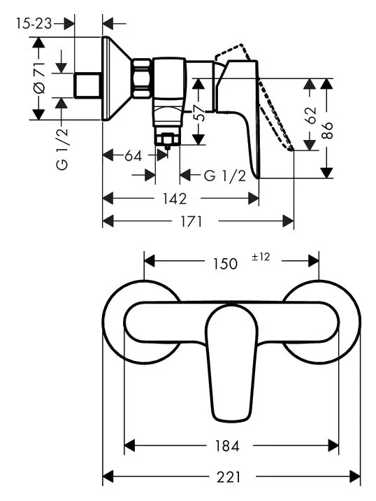 Габаритная схема Смеситель Hansgrohe Talis E 71760000 для душа