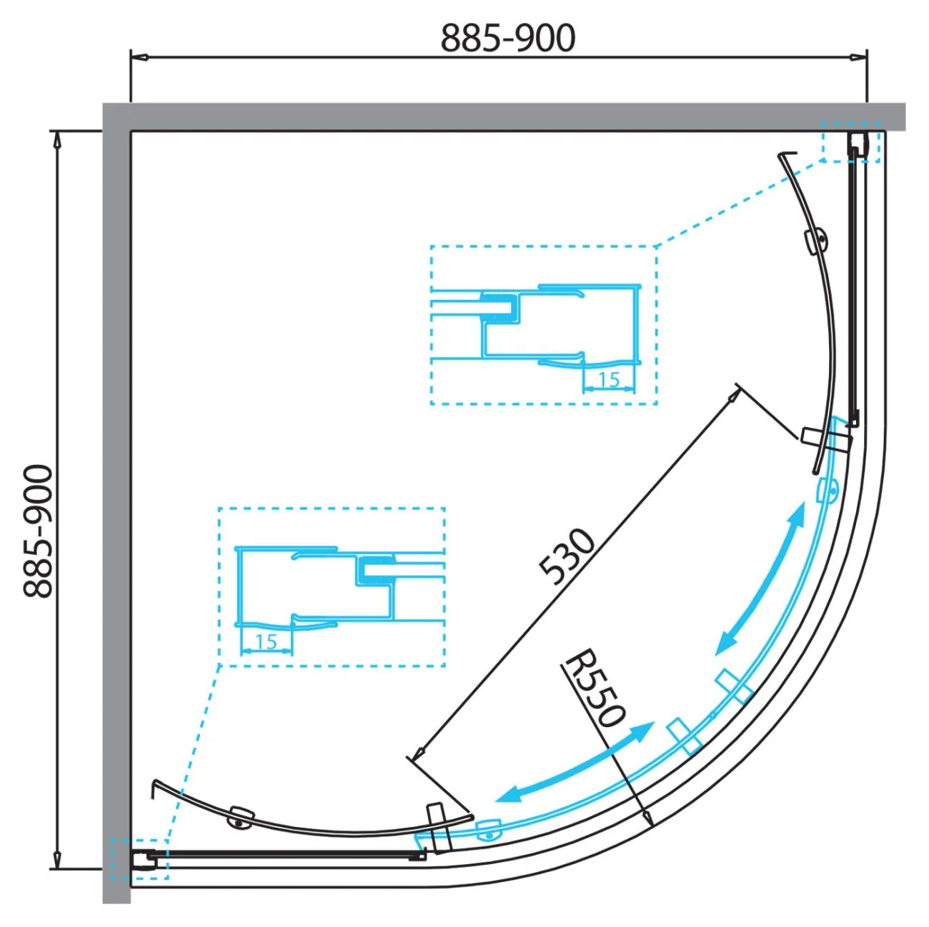 Габаритная схема Душевой уголок BelBagno Due R-2-90-P-Cr