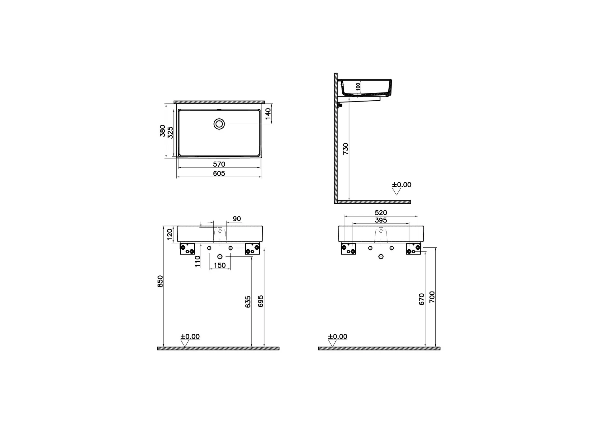 Габаритная схема Раковина Vitra ArchiPlan 7404B003-0012 60 см