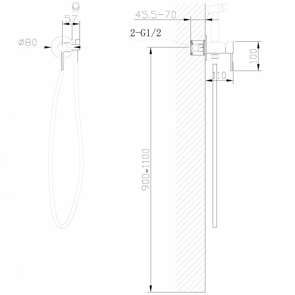 Габаритная схема Гигиенический душ Abber Wasser Kreis AF8125G со смесителем, золото матовое