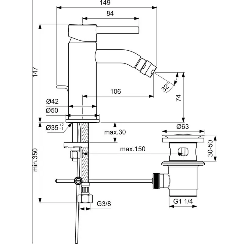Габаритная схема Смеситель Ideal Standard Ceraline BC197XG для биде, черный матовый