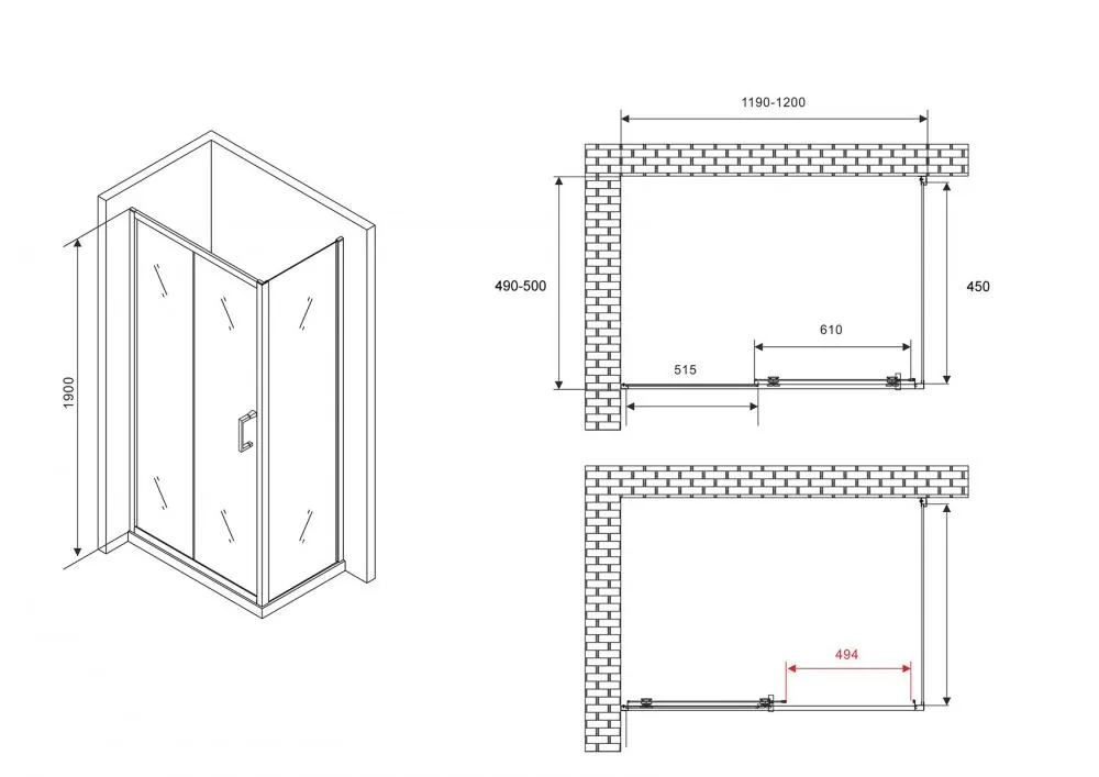 Габаритная схема Душевой уголок Abber Schwarzer Diamant AG30120B5-S50B5 120x50