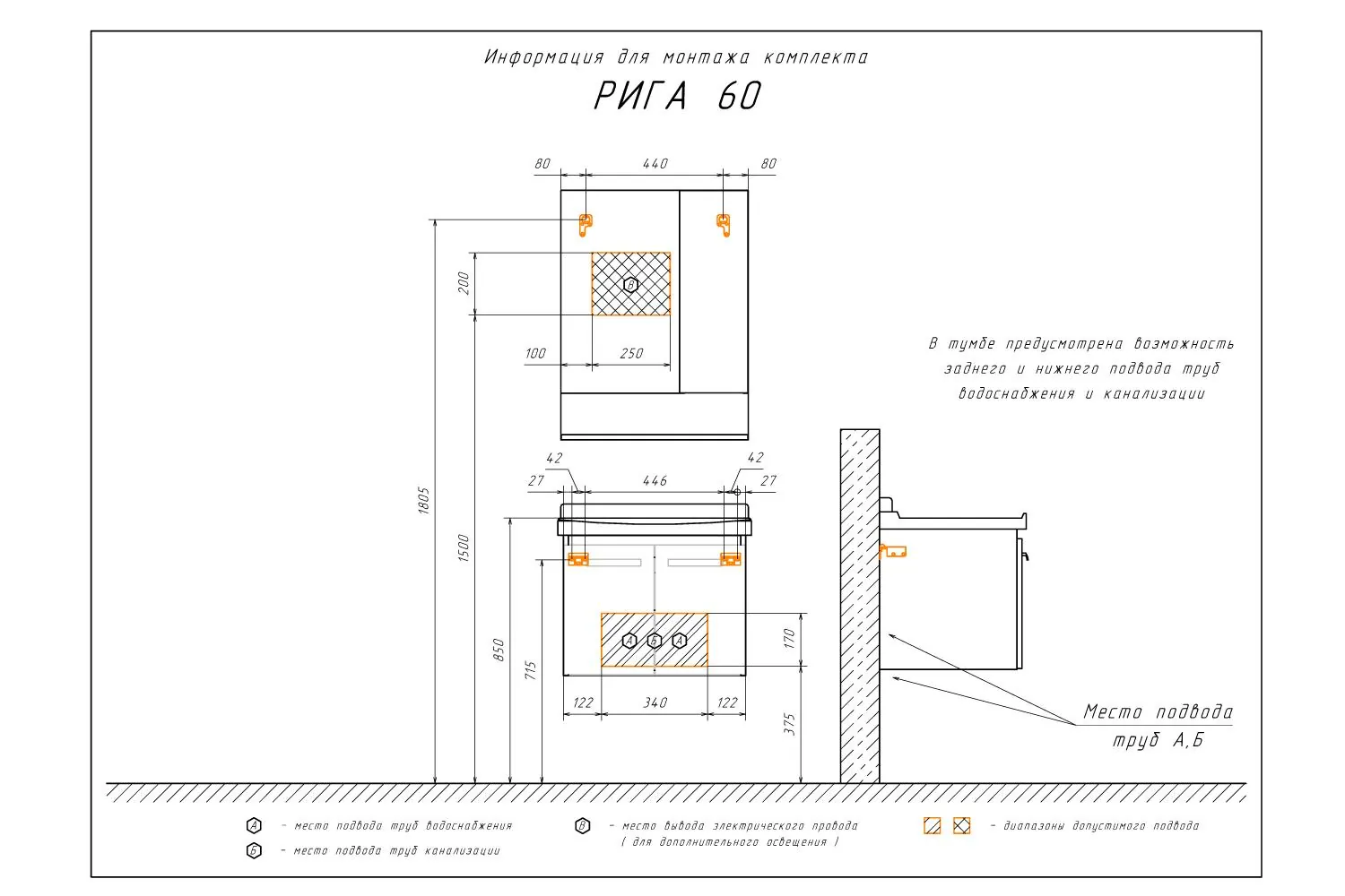 Габаритная схема Зеркало-шкаф Comforty Рига 60 дуб сонома
