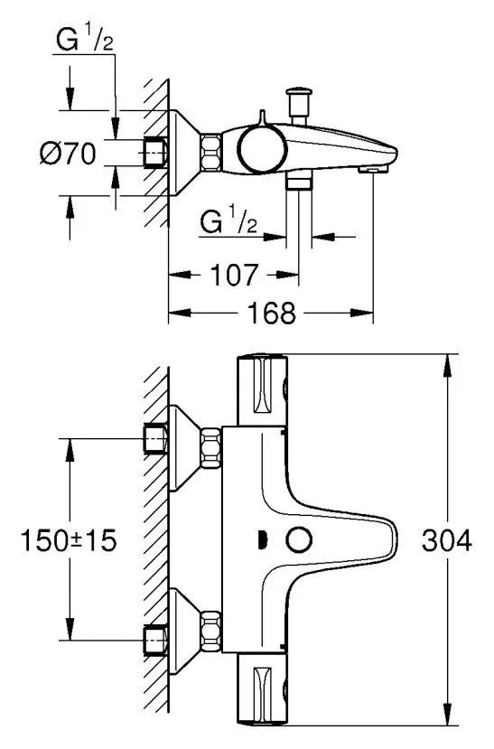 Габаритная схема Термостат Grohe Grohtherm 800 34567000 для ванны с душем